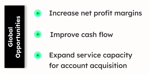 Journey map frame titled Global Opportunities: increase net profit margins, improve cash flow, expand service capacity for account acquisition.